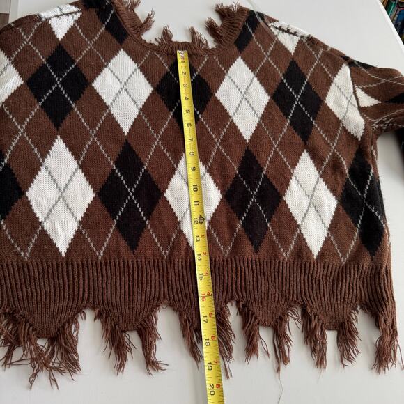 Just Polly NY Argyle Plaid Fringe Hem Long Sleeve Preppy Academia Sweater Size M - Picture 6 of 7
